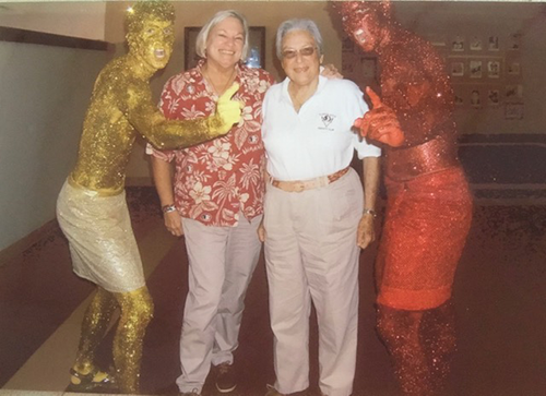 Sandy Shultz and Janet Wells with the Garnet and Gold Guys